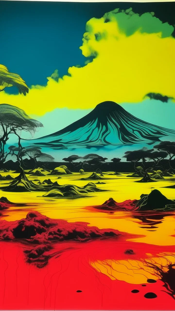 A swamp near a volcano painted by Andy Warhol