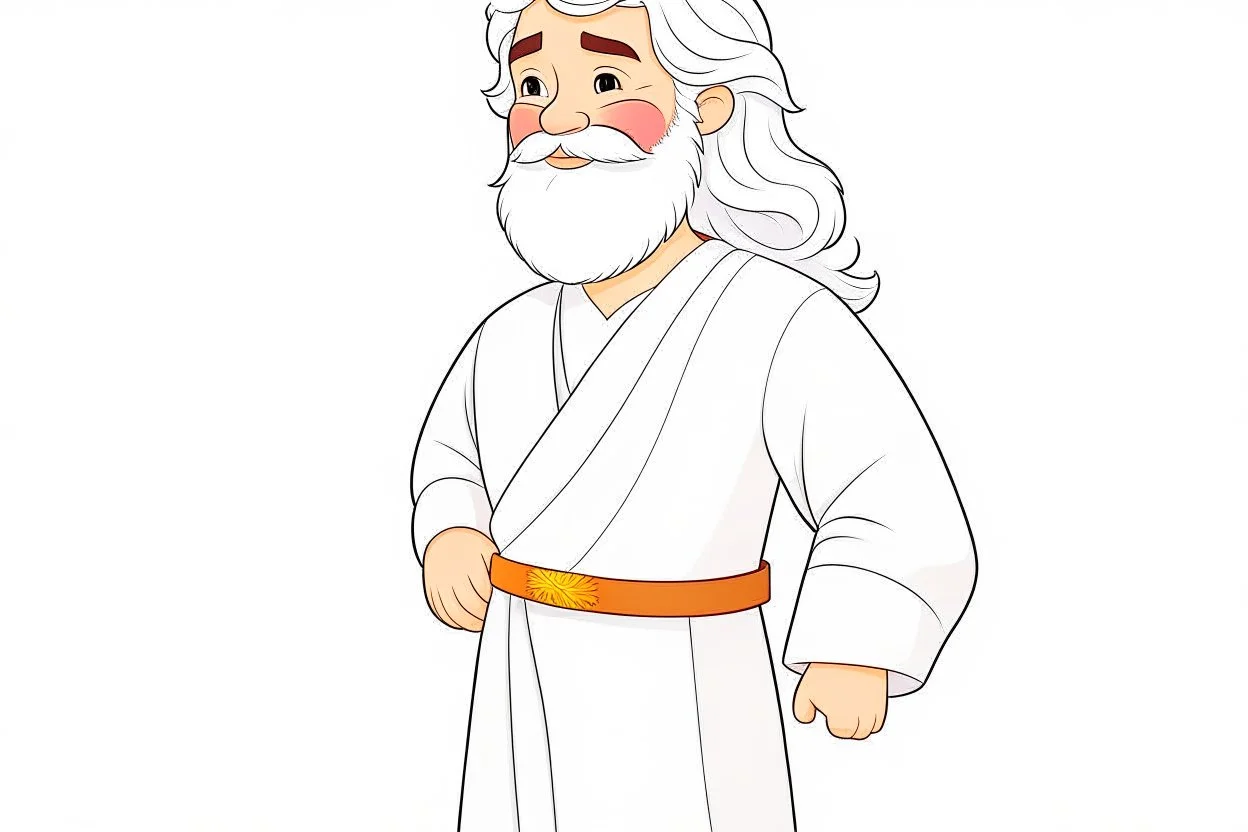 Disney style, white hair, white skin, white beard, coloring book, minimalism, simple lines, white background, STICKER, WHOLE BODY, A CUTE JESUS CHRIST, WAVY HAIR, BEARD, COVERING THE WHOLE BODY WHITE LONG TUNIC, LIGHT DOWN, HAPPY face , A detailed illustration, in the style of Studio Ghibli, 3D vector art, cute and quirky, fantasy art, Adobe Illustrator, hand-drawn, low-