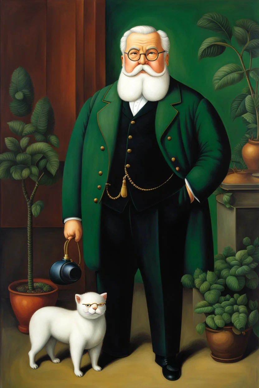 Pintura del pintor Fernando Botero de pie, con gafas redondas y barba blanca pequeña, bigote pequeño, cuerpo completo, arte de tinta, calidad ultra, 8k, cuerpo completo