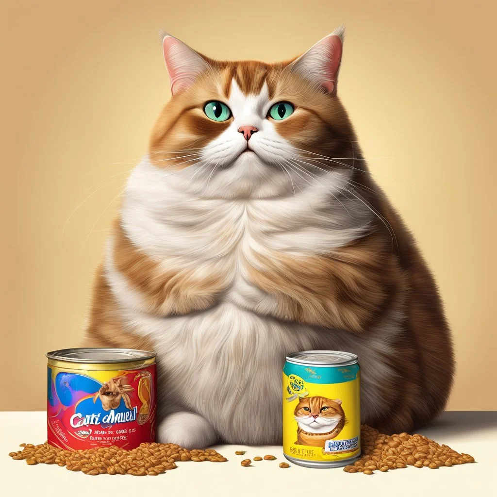 smug-looking fat cat in front of a open can of cat food with a can opened laying on the table next to it, realistic, whimsical, colorful, digital art, by Hugh Kretschmer