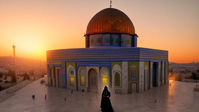 A Palestinian woman wearing an embroidered dress with the Dome of the Rock in front of her during sunset in winter.