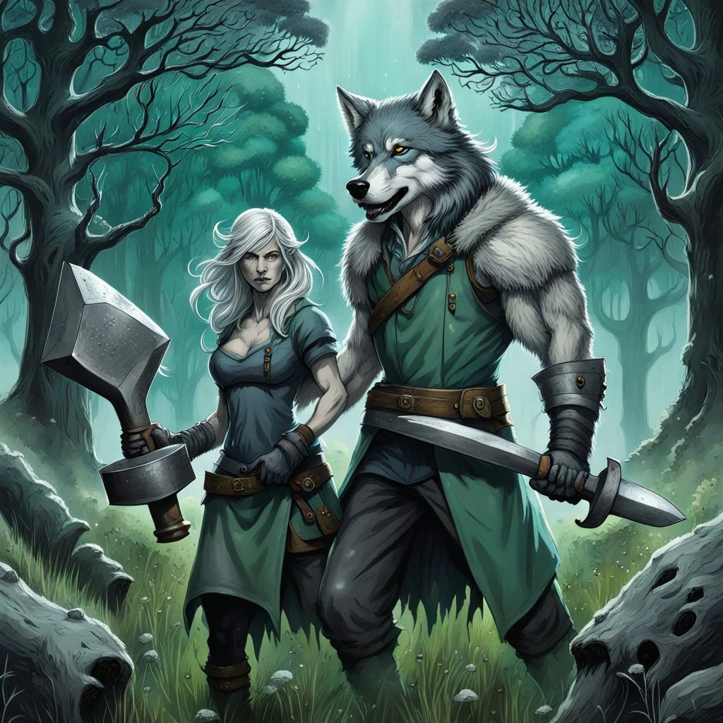 an anthropomorphic wolf-man hybrid in dark gray body hair and anthropomorphic wolf-female hybrid with pale gray body hair carrying a blacksmith's anvil in a blue-green meadow, in the background trees with huge trunks rainy day, high contrast, high detail, atmospheric, dark fantasy, sci-fi atmosphere