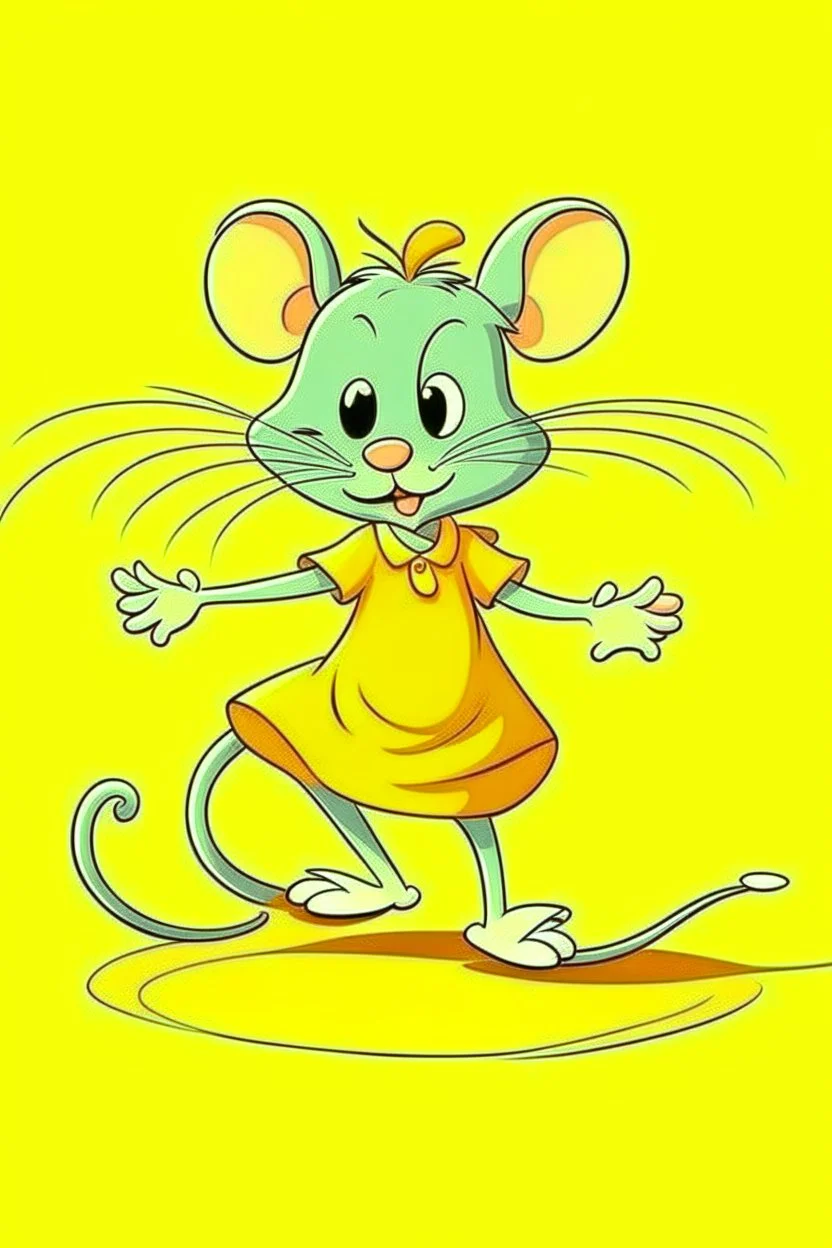 cartoon style: cute little mouse dancer in yellow dress. The mouse bends one foot up, and hold onto that foot with your same-sided hand. free hand is lifted over your head.