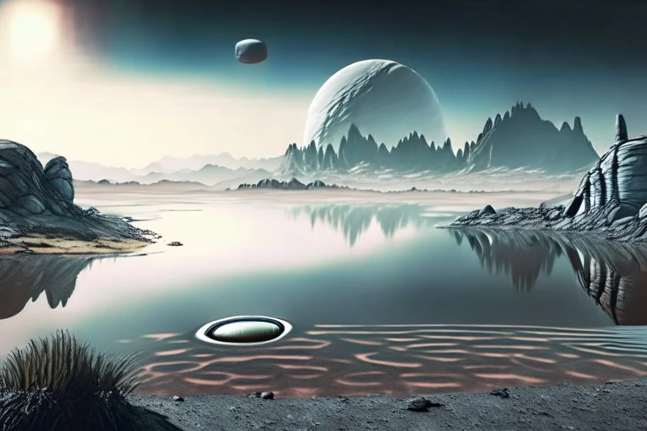 Alien landscape with one grey exoplanet in the horizon, pond, rocky landscape, sci-fi