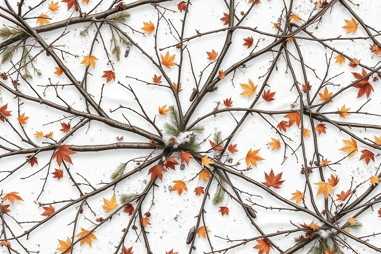 detailed Real Tree Camouflage made of bare branches, fir branches, dried maple leaves, snow and dirt, light drop shadows, white background, seamless repeatable texture camo pattern, muted color