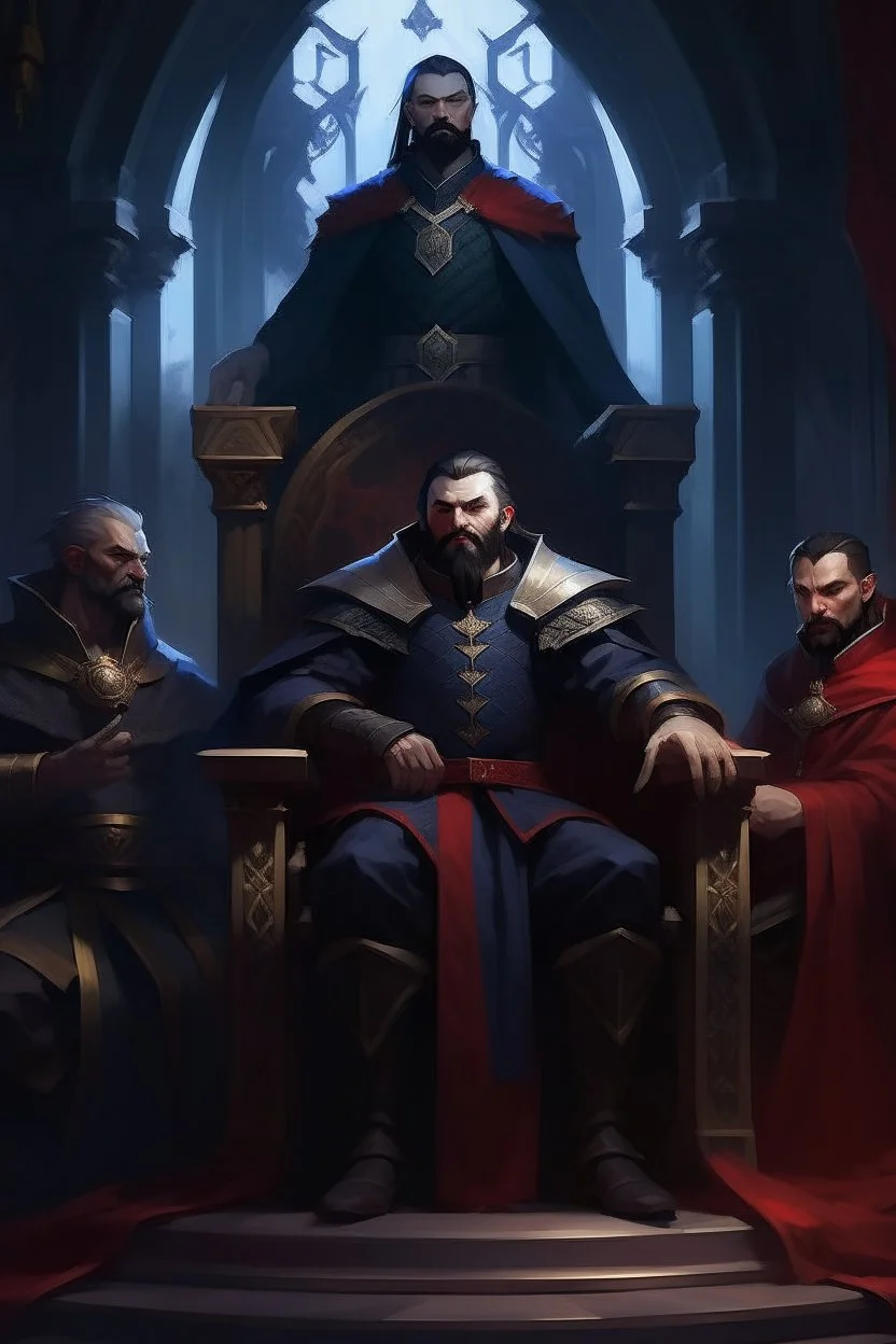 Strahd Von Zarovich looking ominously down from his throne at four adventurers