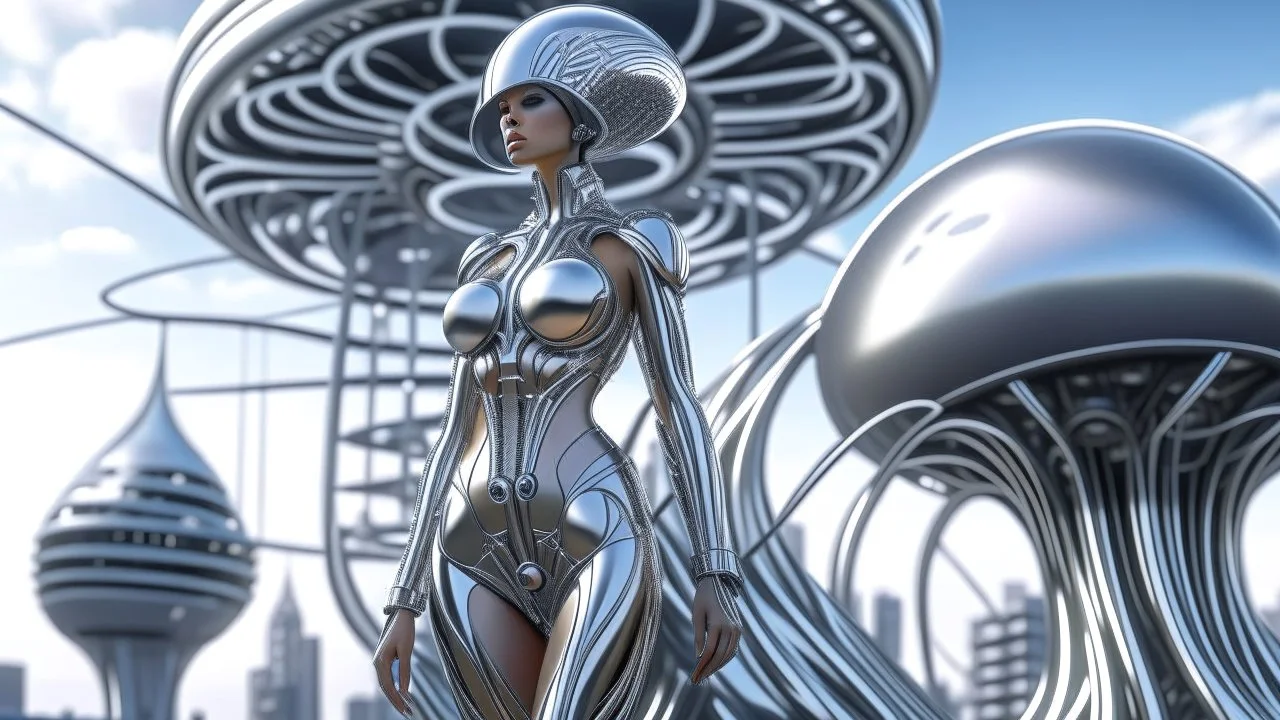 A slim young woman in a silver catsuit with circuitry, standing in a futuristic alien city holding a parasol shaped like a mushroom with tentacles