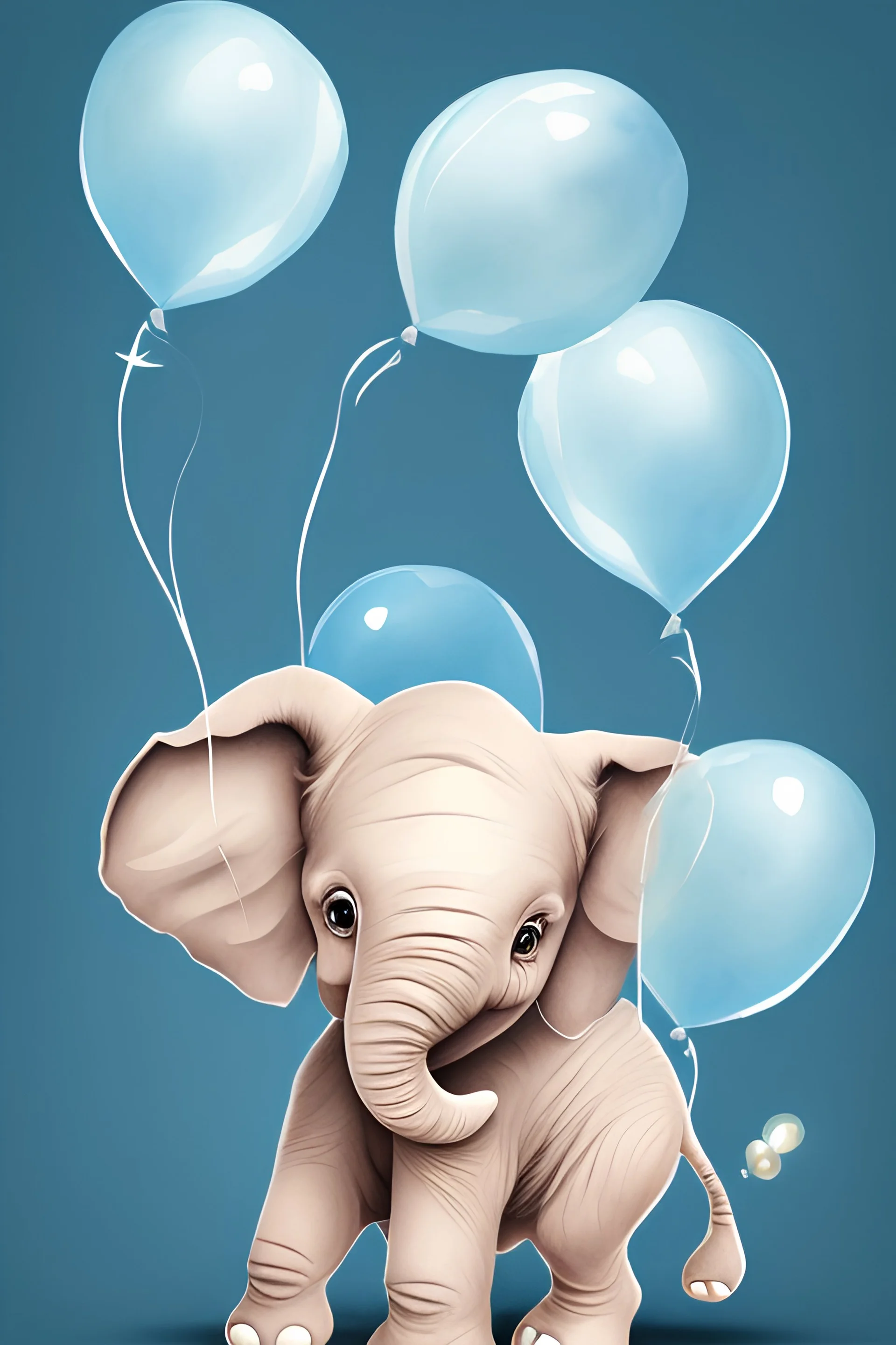 cute baby elephant watercolor flying whit many blue balloons white background