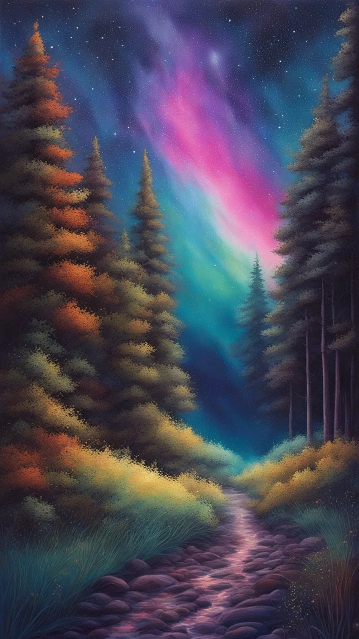 a painting of a night sky with stars and trees, colorful night sky, stary night painting, magical forest backround, cosmic night background, vibrant painting, atmospheric dreamscape painting, night sky background, colorful painting, northern lights background, colorful stars, beautiful color art!, vivid painting, dream scenery art, anato finnstark and alena aenami