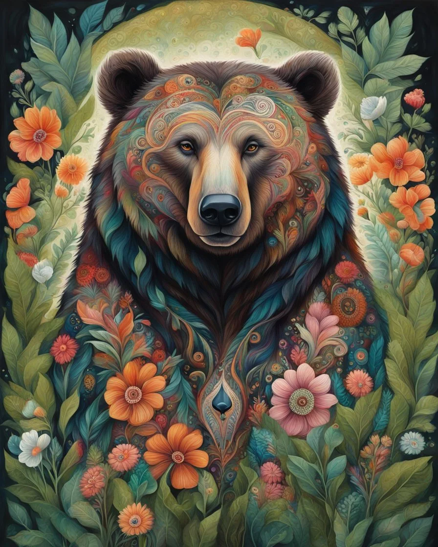 Captivating, vibrant painting of majestic bear, adorned with intricate motifs mixed with its fur. The coat is a fascinating combination of dark and light tones, with swirling patterns and lush floral motifs. Expressive eyes reveal the depth of your character and soul. Lush and green environment, surrounded by plants and flowers. The colors are a harmonious mix of earthy tones, with touches of orange, blue and white, creating a deep connection with nature