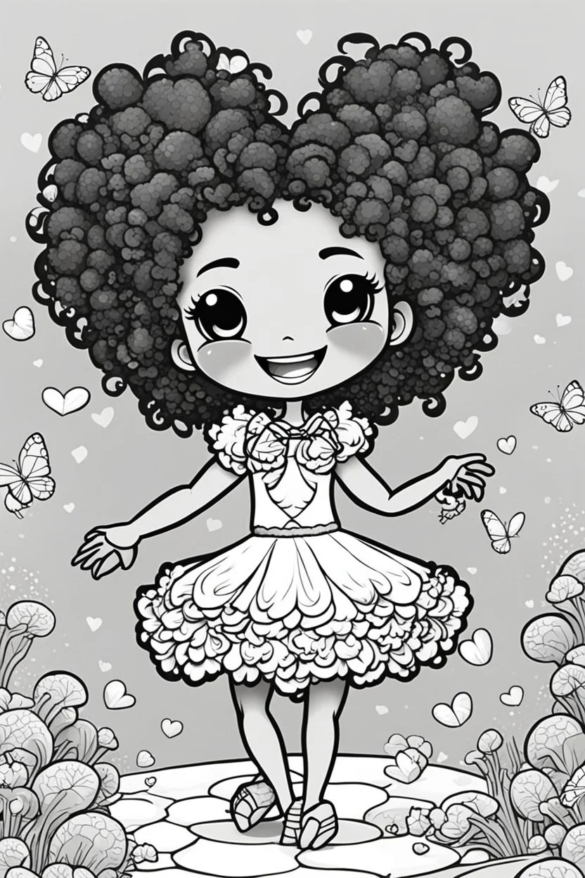 create a coloring page of a chibi crab with a curly afro ponytails dancing around hearts and butterflies. she smiles while shes playing , black and white