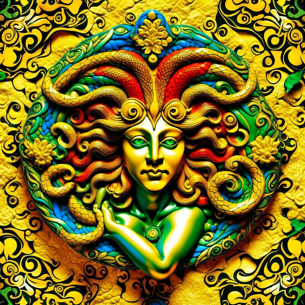 Absolutely, let’s infuse your prompt with vibrant hues! "Symbol of Sicily: The iconic Medusa head at the center offers protection against evil with its piercing gaze. Encircled by three dynamic legs, each representing the ceaseless motion and energy of life on the island. A kaleidoscope of vivid colors—brilliant golds, fiery reds, and lush greens—bring this emblem to life, symbolizing the rich cultural tapestry and natural beauty of Sicily. The warm and harmonious hues evoke the island's sun-so