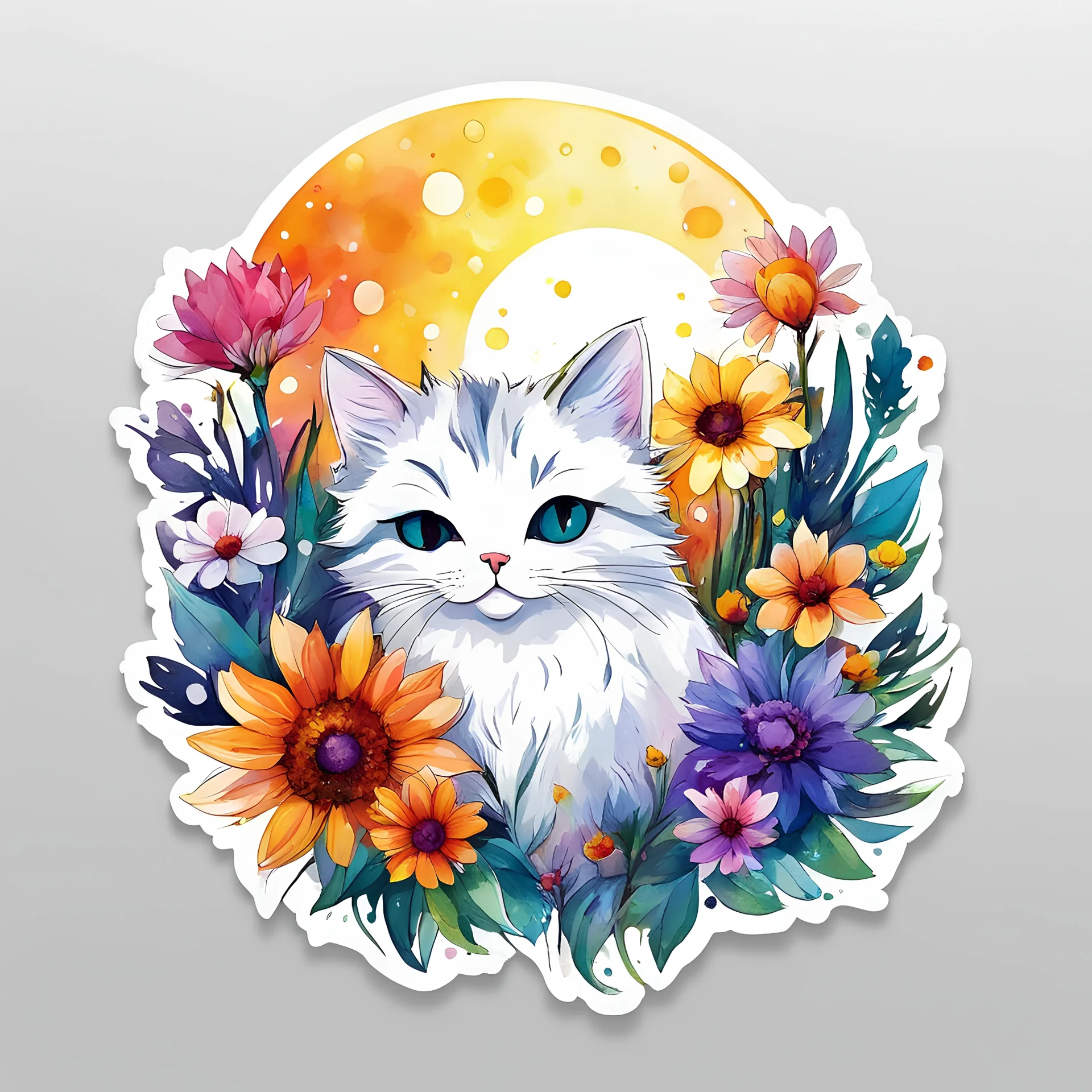 cats, paint spots, splashes of watercolor, white background, ragged edges, flowers, light, sun, white tone, sticker, 2d cute, fantasy, dreamy, vector illustration, 2d flat, centered, by Tim Burton, professional, sleek, modern, minimalist, graphic, line art, vector graphics