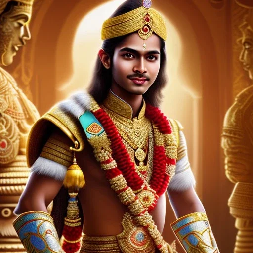 young and smiling indian prince, dark skin, in a temple, perfect composition, hyperrealistic, super detailed, 8k, high quality, intricate details, highly detailed