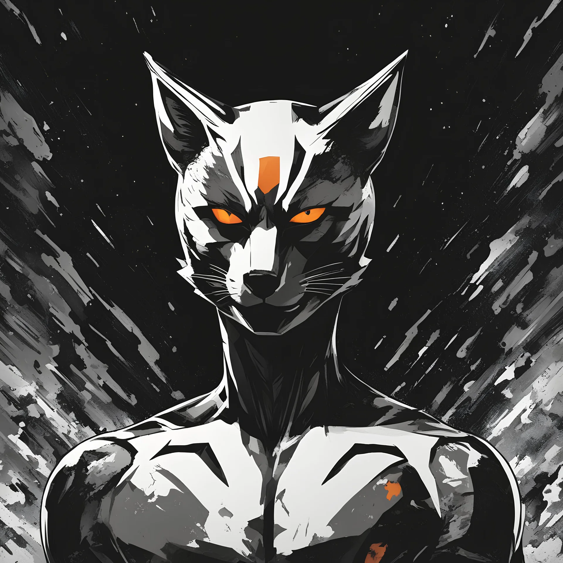 Foxman, comic style artwork, dark black, white and Orange, calm