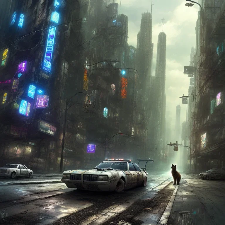 Cat, post-apocalyptic in a cyberpunk city, realistic