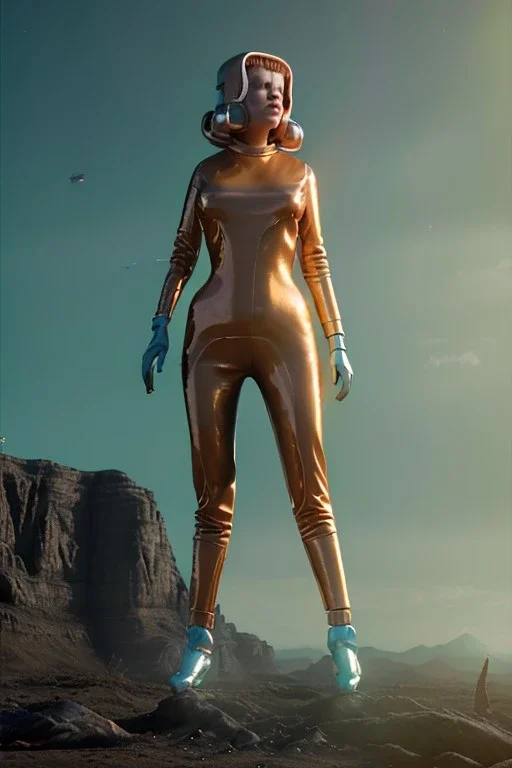 Ultra Realistic retro sci-fi portrait image from 1960, Times Square, spaceship, sweet young Jane Fonda, tight latex suit, weapon, fighting stance, soft color, highly detailed, unreal engine 5, ray tracing, RTX, lumen lighting, ultra detail, volumetric lighting, 3d, finely drawn, high definition, high resolution.