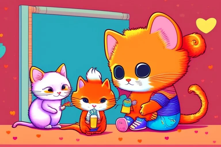 a fluffy orange kitten makes friends with a cute gray mouse on Valentine's day, happy vibe studio lighting fantastic view colourful very cute Lisa Frank richard scarry