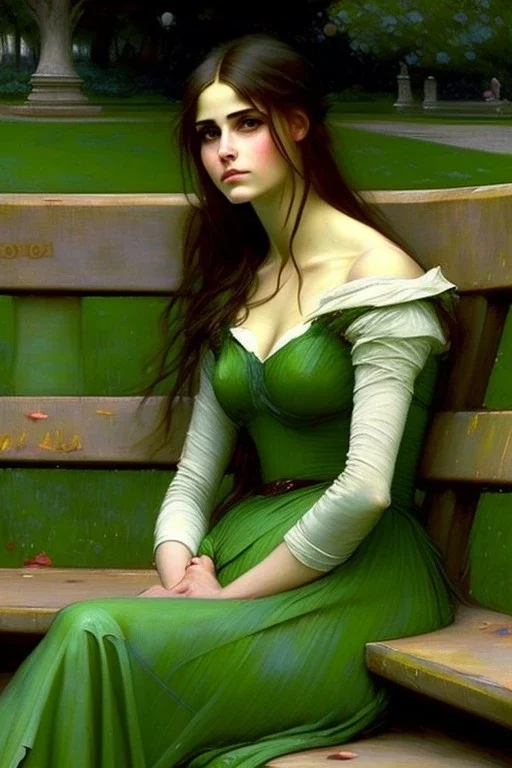 Woman green dress sitting on a park bench. John William Waterhouse 103695149