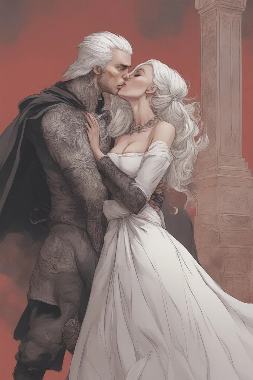 Strahd Von Zarovich being kissed on the mouth by a beautiful woman with white hair, wearing an off the shoulder dress. Settling and background are a lavish toomb with an ebony coffin.