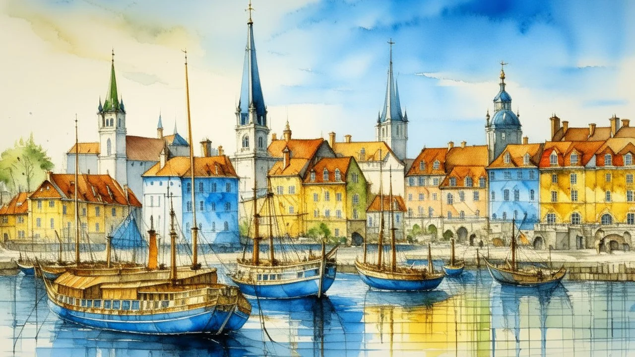 The image is a watercolor painting of a harbor scene with several boats and yachts docked in the water. The boats are of different sizes and colors, including blue, yellow, and white, and are moored in the harbor. In the background, there are several buildings with different architectural styles and styles, including a church or cathedral in the distance. The sky is a light blue, and the water is calm and still. The painting is done in a loose, impressionistic style, with loose brushstrokes and