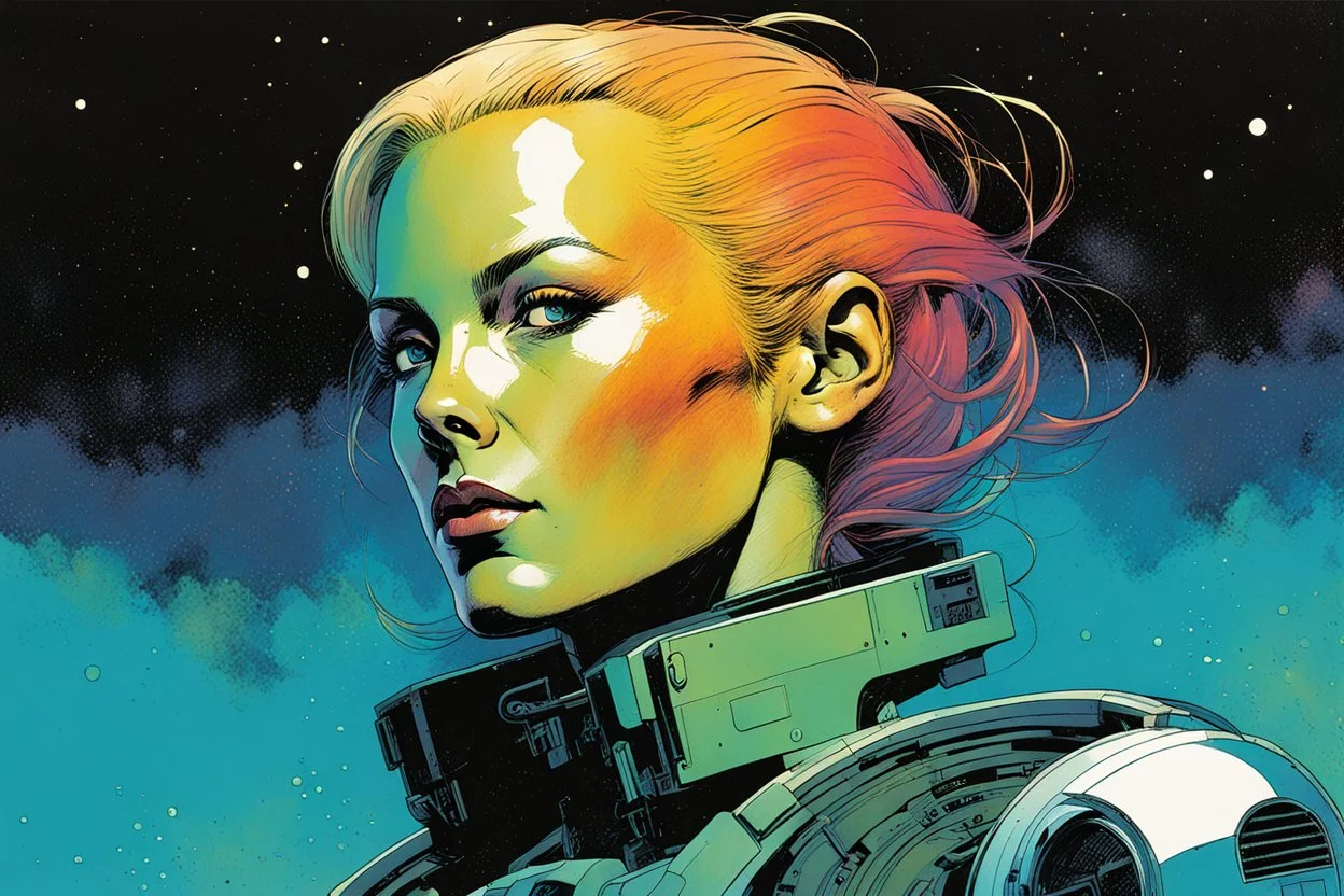 create an imaginative amorphous female extraterrestrial cybernetic mercenary with finely detailed facial features, military cut hair, at the helm of an interstellar jumpship , in the comic book art style of Bill Sienkiewicz, Mike Mignola, and Jean Giraud Moebius, finely textured, drawn, colored, and inked