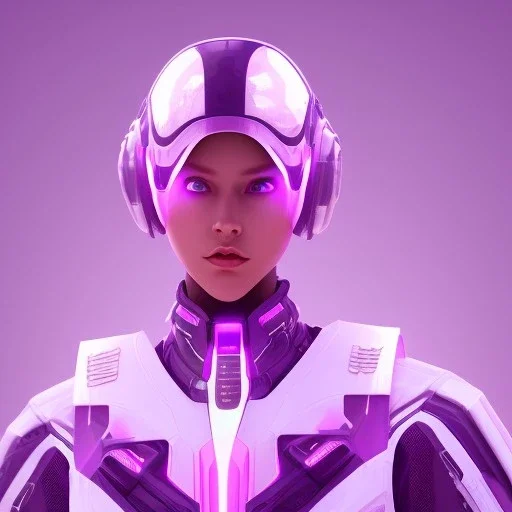 Cute girl, Sci-fi character, white suit, purple backlight, pink and purple, scifi suit, profile, purple background, pink lighting, futuristic