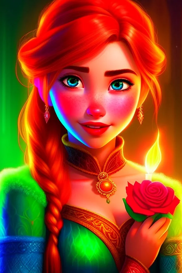 Princess Anna from Frozen is very beautiful, symmetrical, and glowing, holding a rose