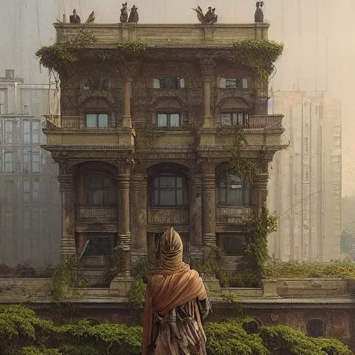 Depiction on the building and statues, highly detailed depiction, overgrown, building, old, 3d, concept art portrait by Greg Rutkowski