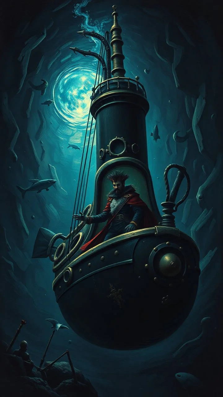 Captain Nemo inside a dark submarine , paint it in the baroque style,