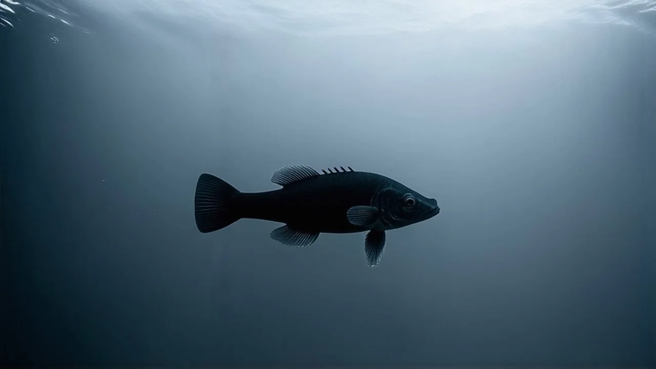 dark and mysterious, A top-down view of a Salamanderfish gliding through calm waters, with reflections on the surface creating a captivating scene, showcasing its elegant hairtail., dark shadows and fog, blurred, neo-expressionism