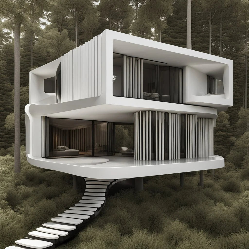 Abstract country house roughly shaped like a piano, black and white piano key textures, by Victor Enrich and Frank Lloyd Wright, natural lighting, photorealistic, dramatic stunning Biomorphic anatomical architecture, reticulated Fibonacci sequence, 3D Octane Render, reflective glass, abstract surrealism, rich colors.