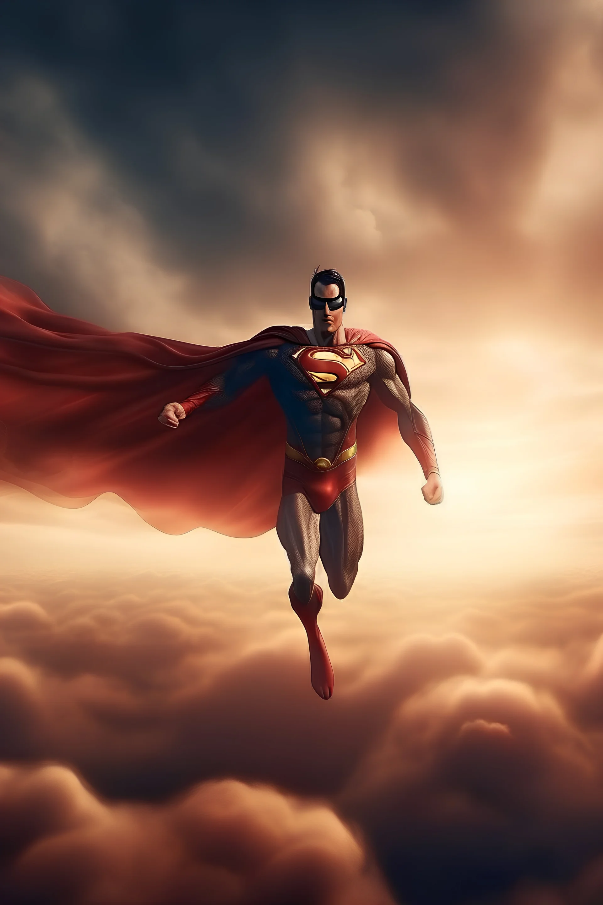 retrato realista del cuerpo de un superheroe en el centro de la imagen volando entre las nubes en un atardecer