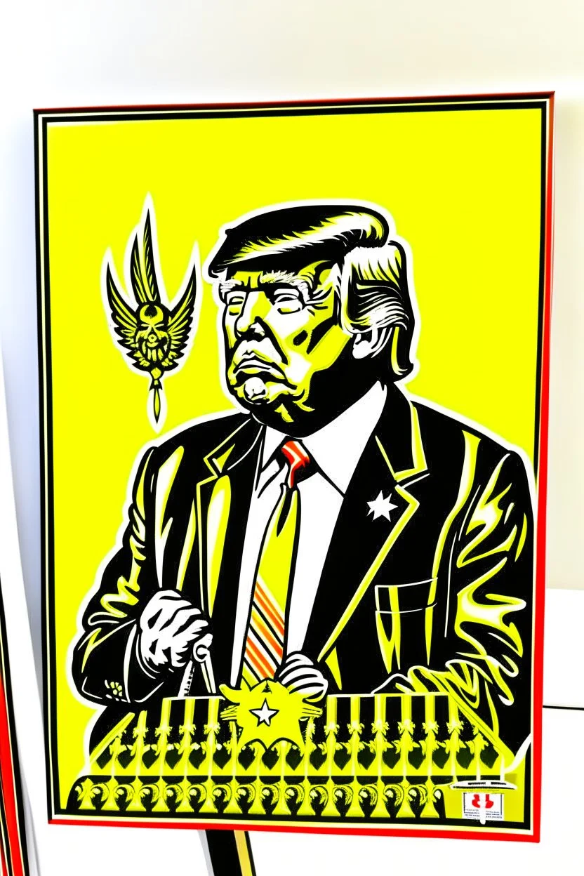 president donald trump in style of shepard fairy obama poster style gold colour stencil with american flag