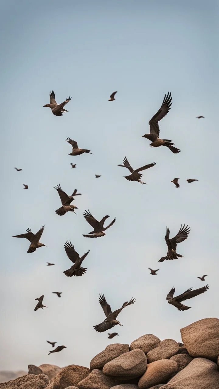 Birds carrying stones in their legs, flying in a clear sky