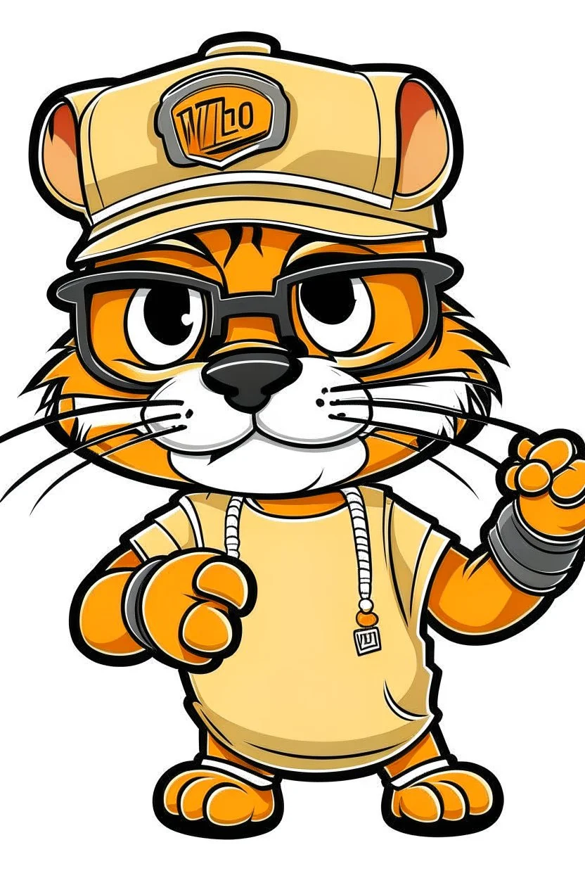 a cartoon TIGER wearing a baseball cap and sunglasses, HOLDING ARE WRRITTEN BELO READ