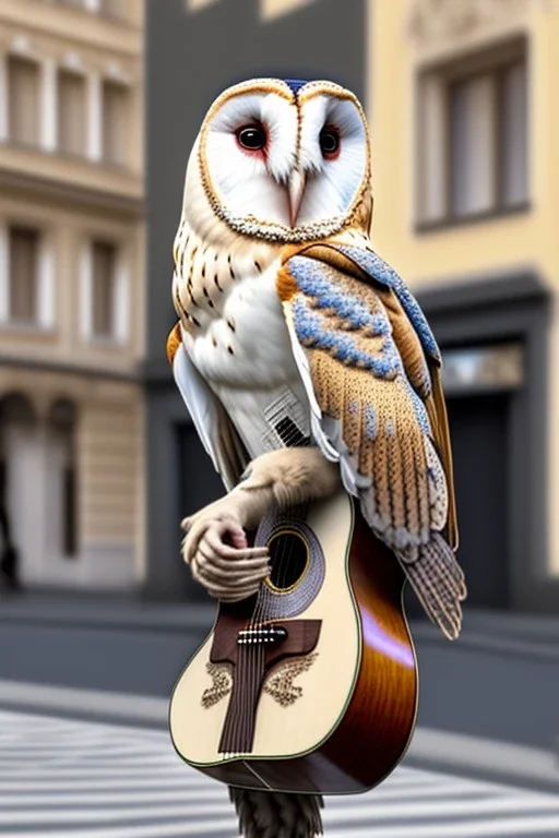 One single mature barn owl, playing guitar in the street , Vienna, friendly, sunny day, model style, hyper realistic, extremely accurate, delicate, extremely detailed, Graphic novel style, wide-angle, open aperture, superfine pencil