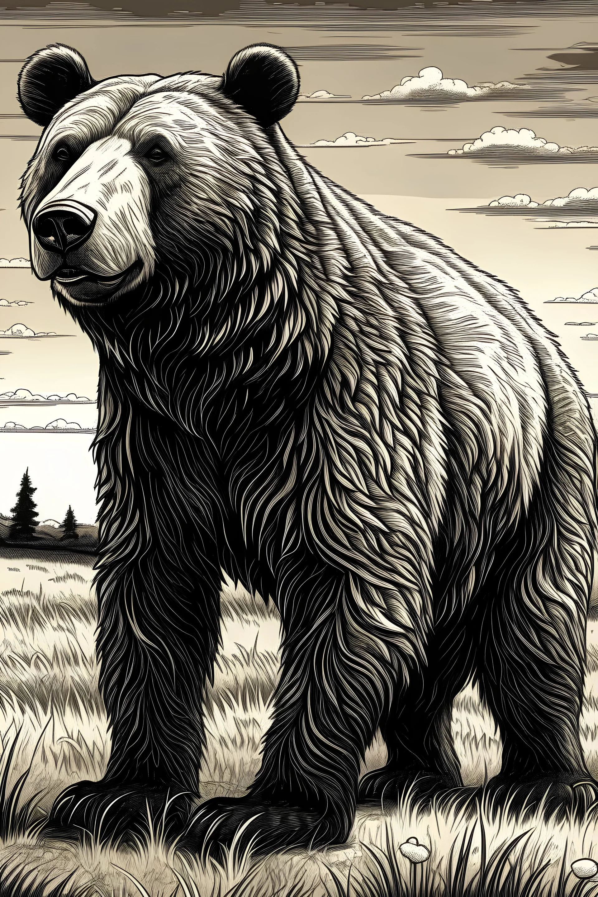 "orso maestosa nella savana al tramonto, corpo intero, splendida illuminazione naturale, dettaglio della criniera, capolavoro, cartoon in bianco e nero" vista frontale.