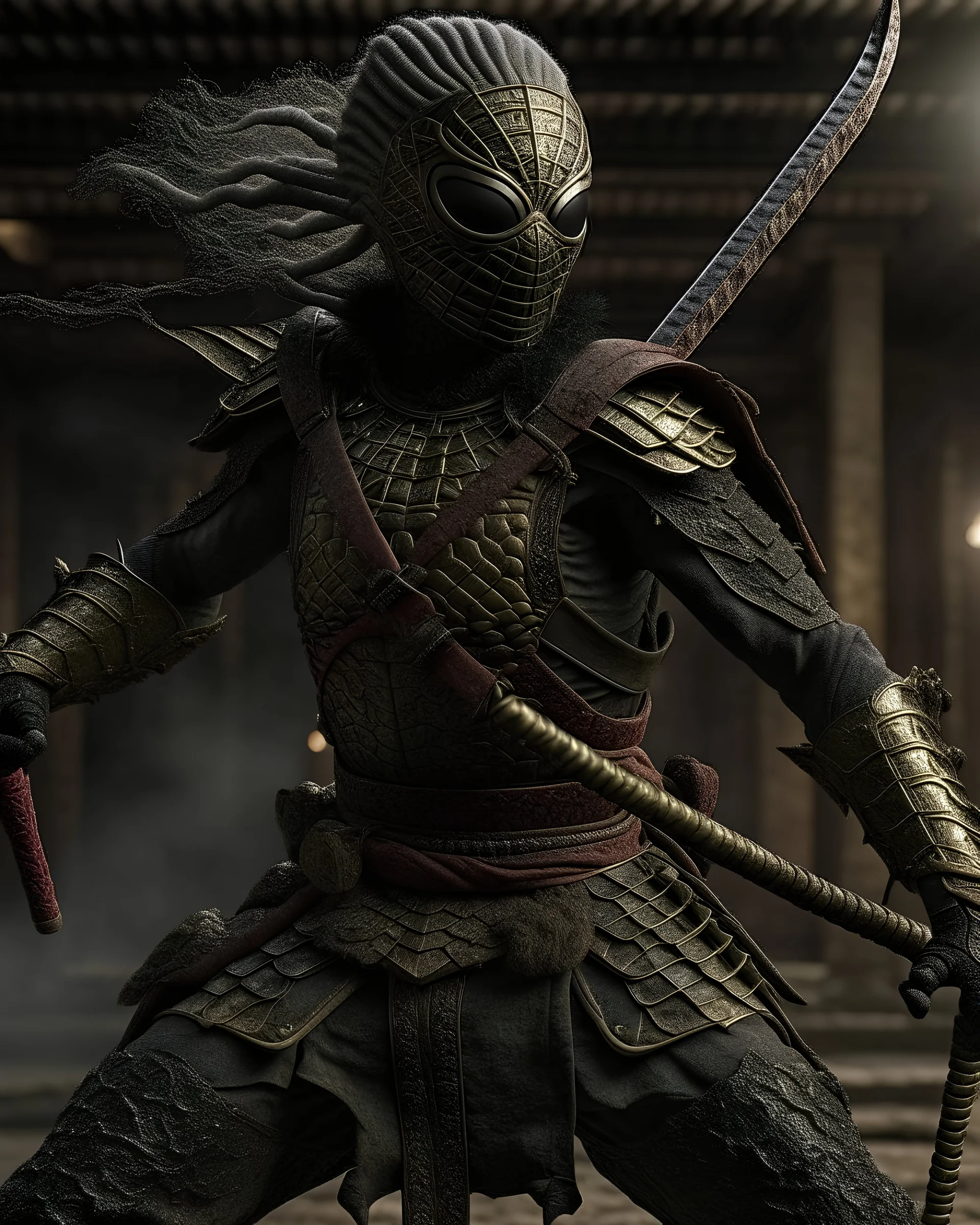 Hyper realistic spiderman ancient samurai style, use samurai weapon, intricate ancient armor, ancient background, elegant, grey and black smoke, stunning, render, hyper realistic, octane render, surrounding by lightning smoke effect