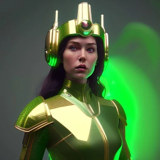 woman, irish, green, heavily made up face, round helmet, decorative color feathers, retro futuristic, latex coat, soft color, highly detailed, art stations, concept art, smooth, unreal engine 5, god rays, ray tracing, RTX, lumen lighting, ultra detail, volumetric lighting, 3d, finely drawn, high definition, high resolution.