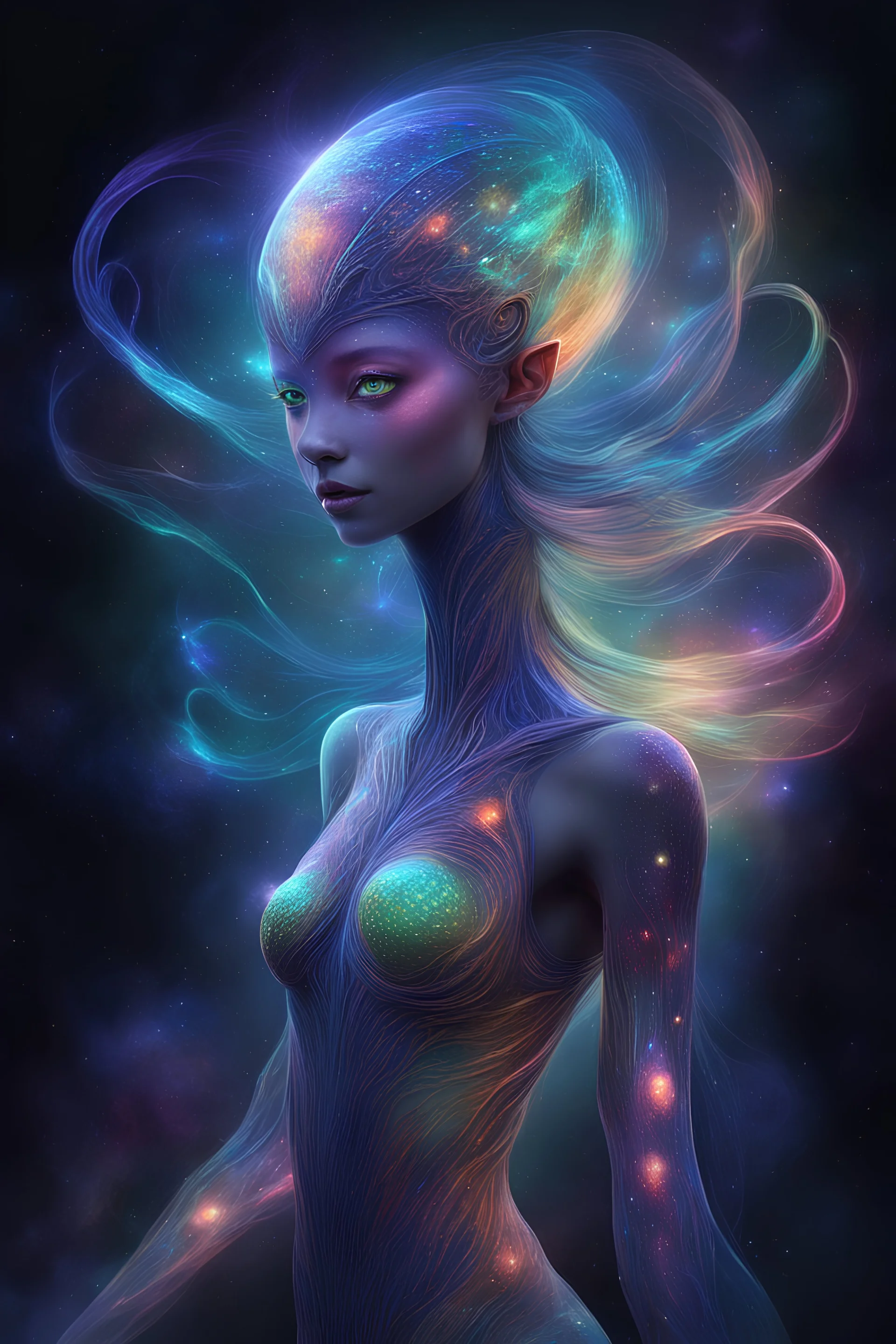 In a mesmerizing digital painting, a celestial female alien emerges, radiating vibrant bioluminescent hues against the dark expanse of space. Its otherworldly form is a symphony of iridescent colors, with scales that shimmer like precious gems and intricate patterns that seem to dance with life. Luminescent tendrils extend from its body, illuminating its surroundings with an ethereal glow. The image captures every intricate detail of this vivacious creature, showcasing its celestial beauty in st