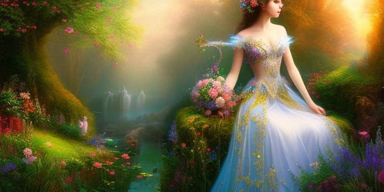 bright fairy, beautiful portrait, flowery landscape