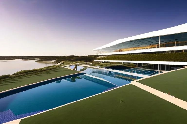 Sunset algarve in quinta do lago, one straight line building of 250 meters long pool of a modern luxury architecture with wood and gold metallic pergolas with pool on rooftop, with green roofs and sun loungers next to pool, overlooking a tennis and padel sport facility and inserted in the Ria Formosa Natural park, on a slope with pinus pinea, a wrap around low speed veicular road, aerial view