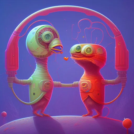 Two cartoonist drawn worms in love, staring at each other, absurdist, retrofuturism, pop art, romantic, gonzo drawing style, beszerk, strange, dune art style