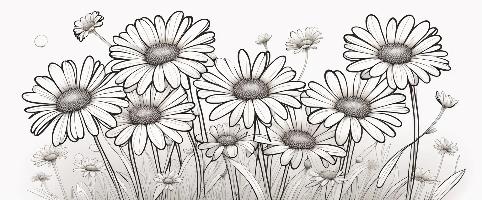 linework daisies, flowing in the wind, spring, simplified