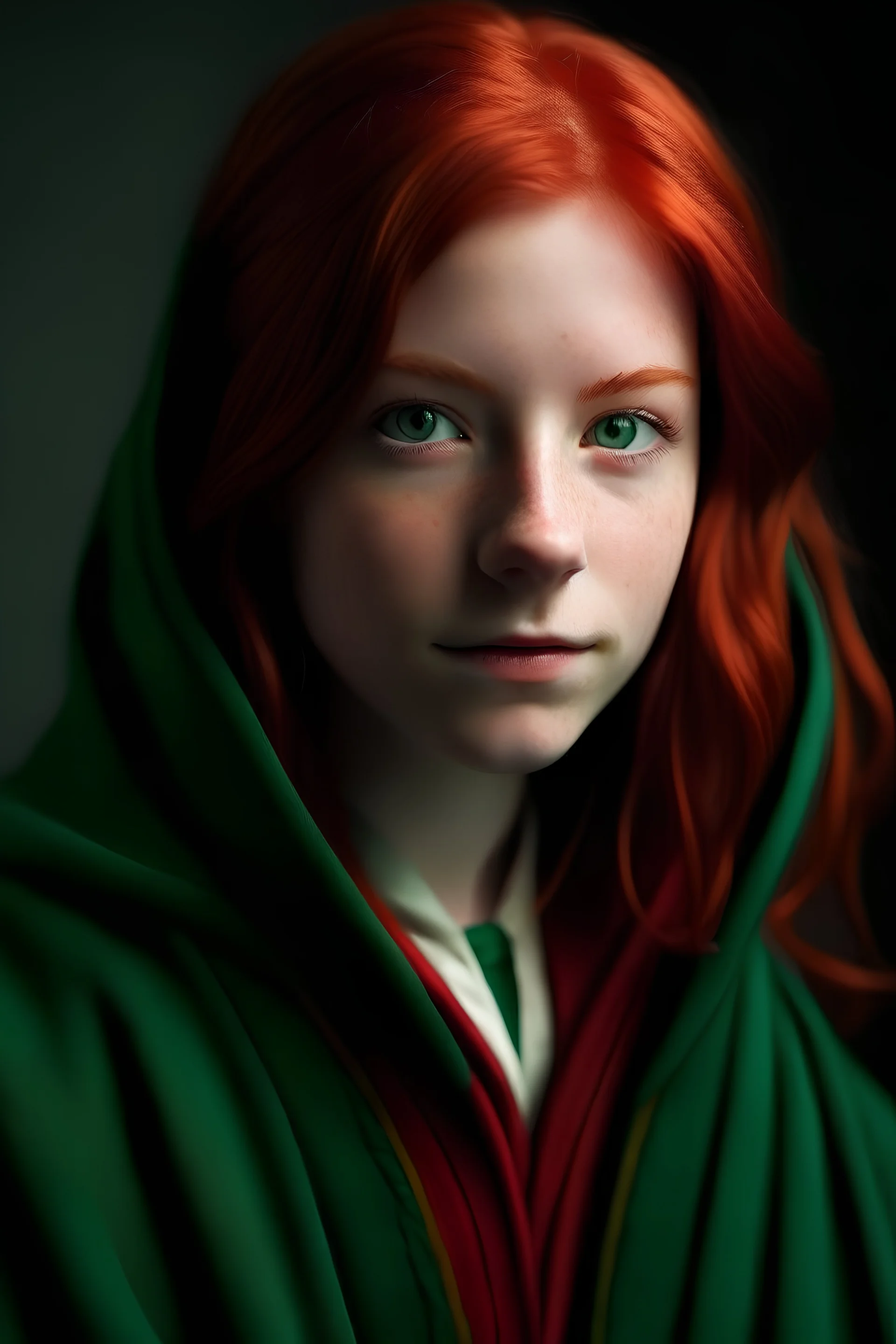 A girl with red hair and green eyes and she is wearing a Hogwarts robe