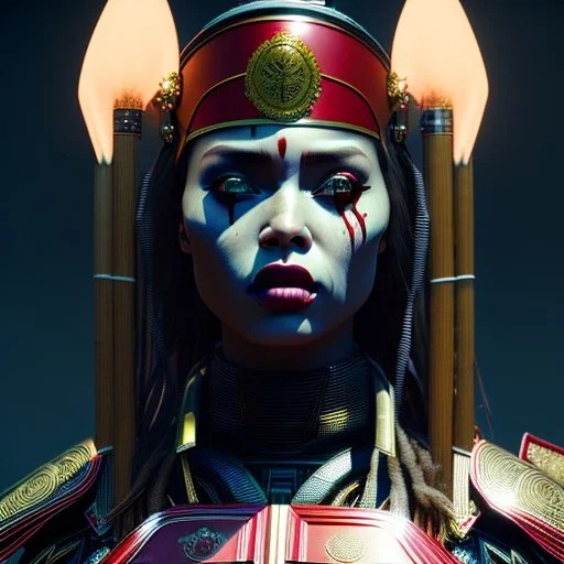 Latin woman, rounded face, blood, black, red, silver, samurai helmet, decorative color feathers, retro, bamboo, leather, soft color, highly detailed, art stations, concept art, smooth, unreal engine 5, god rays, ray tracing, RTX, lumen lighting, ultra detail, volumetric lighting, 3d, finely drawn, high definition, high resolution.