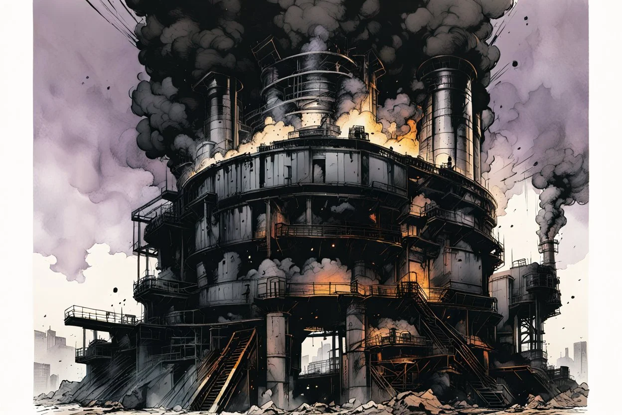 an abstract illustration of a raging blast furnace , finely drawn and inked, 4k, hyper detailed and vibrantly colored in the comic art style of Bill Sienkiewicz , Frank Miller, and Yoji Shinkawa