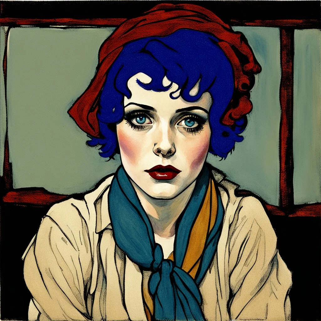 Clara bow, with blue hair, scarf, in the style of egon Schiele