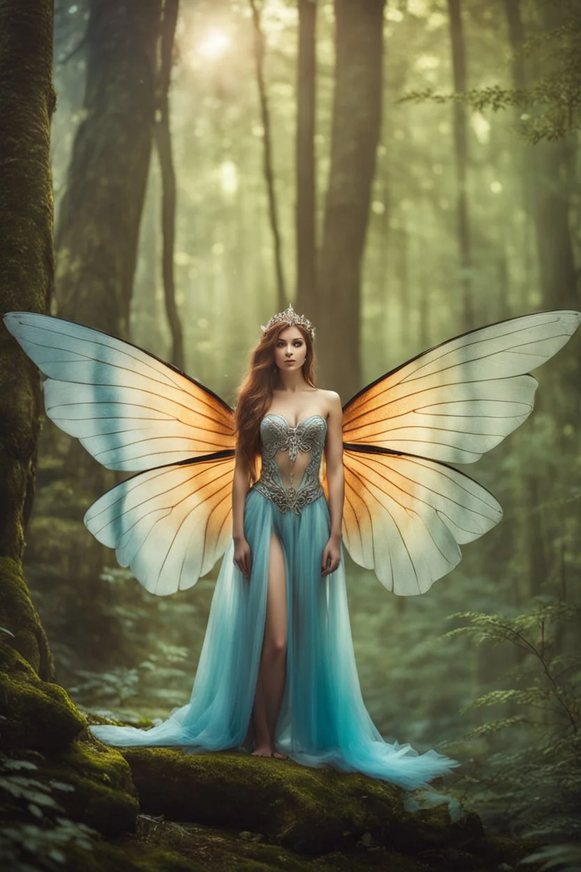 Photography Beautiful Lady fairy with wings straddle,background wonderland, panoramic shot ,portrait, epic fantasy